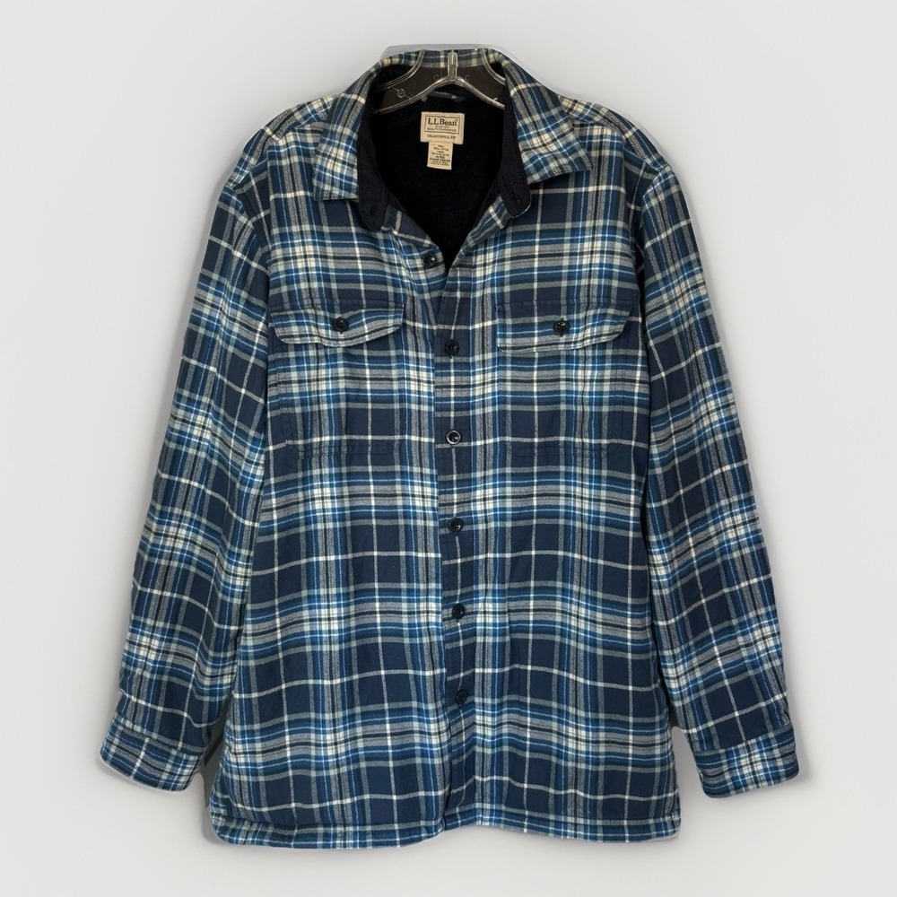 LL Bean Men's Medium Fleece Lined Flannel Shirt Jacket Blue Plaid Shacket